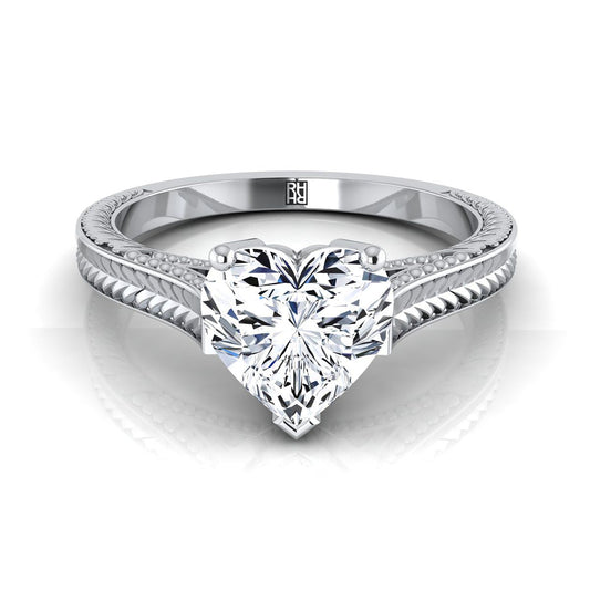 Platinum Heart Shape Center Hand Engraved Vintage Cathedral Style Solitaire Engagement Ring
