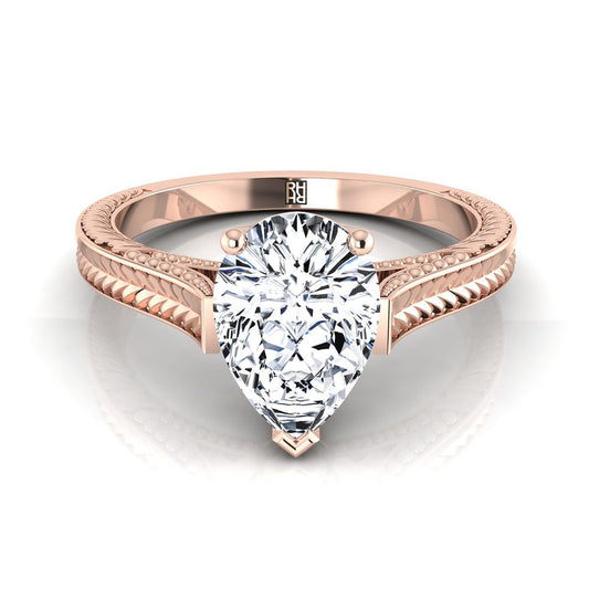 14K Rose Gold Pear Shape Center Hand Engraved Vintage Cathedral Style Solitaire Engagement Ring