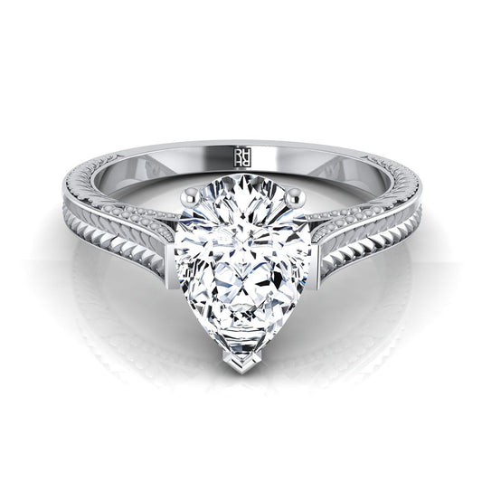 18K White Gold Pear Shape Center Hand Engraved Vintage Cathedral Style Solitaire Engagement Ring