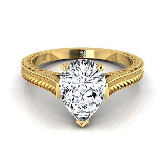 18K Yellow Gold Pear Shape Center Hand Engraved Vintage Cathedral Style Solitaire Engagement Ring