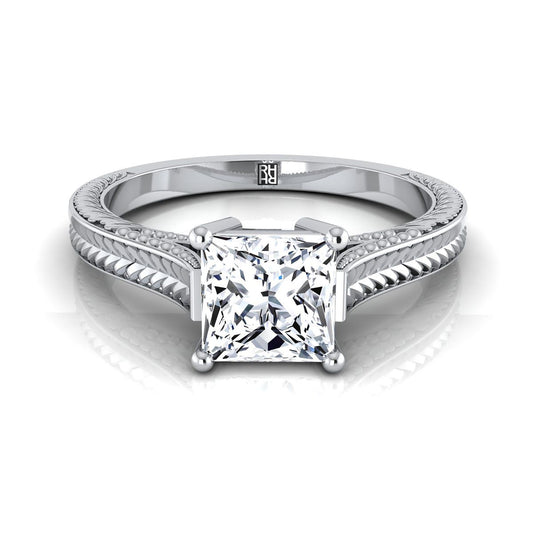 14K White Gold Princess Cut Hand Engraved Vintage Cathedral Style Solitaire Engagement Ring
