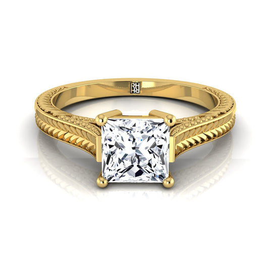 18K Yellow Gold Princess Cut Hand Engraved Vintage Cathedral Style Solitaire Engagement Ring