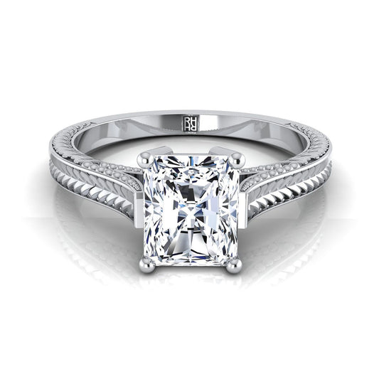 18K White Gold Radiant Cut Center Hand Engraved Vintage Cathedral Style Solitaire Engagement Ring