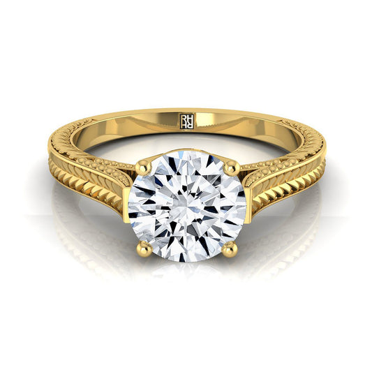 14K Yellow Gold Round Brilliant Hand Engraved Vintage Cathedral Style Solitaire Engagement Ring