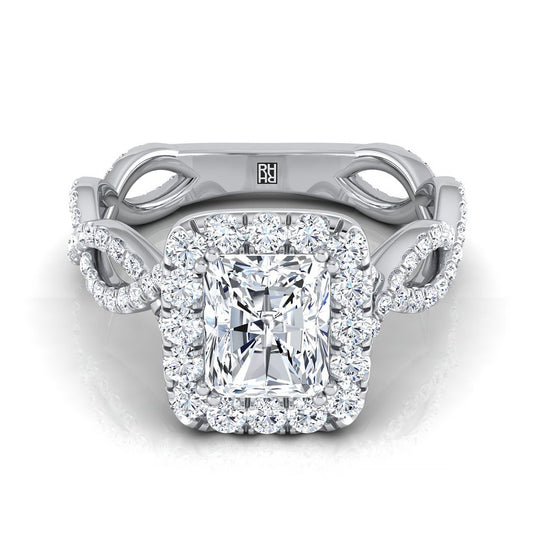 14K White Gold Radiant Cut Center Diamond Ribbon Twist French Pave Halo Engagement Ring -3/4ctw