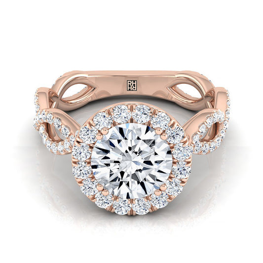 14K Rose Gold Round Brilliant Diamond Ribbon Twist French Pave Halo Engagement Ring -3/4ctw