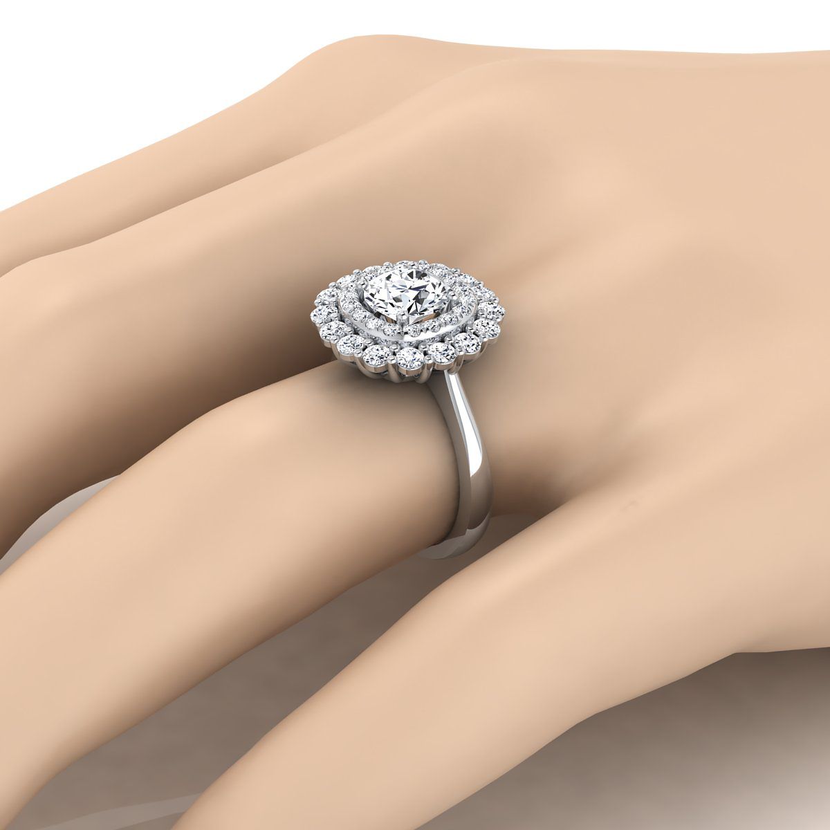 Round Brilliant, Double Halo Sunburst, in 18K White Gold, pave setting – view 10 | RockHer
