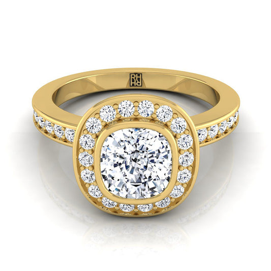 18K Yellow Gold Cushion Diamond Matching Halo and Channel Band Engagement Ring -3/8ctw