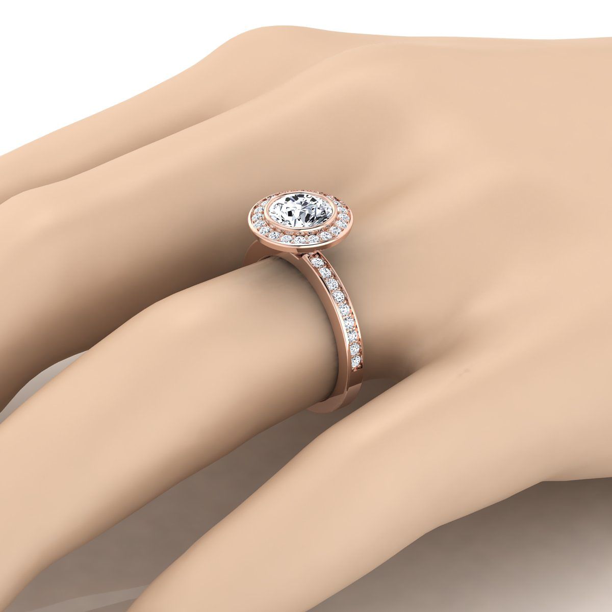 Round Brilliant, Bezel Halo Channel Band, in 14K Rose Gold – detail view | RockHer