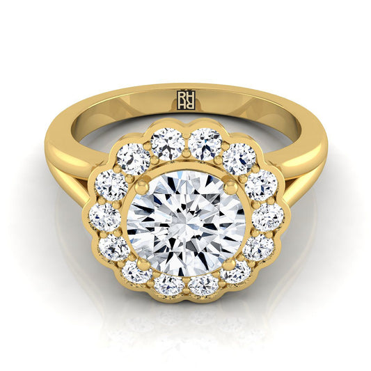 18K ทองคำเหลือง รูปกลม เจียระไนแบบ Brilliant ล้อมเพชรลายดอกไม้ ดีไซน์แหวนแยกแบบเรียบ -3/8ctw