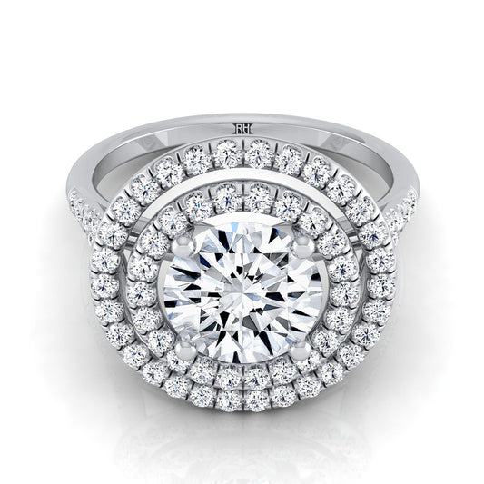 18K White Gold Round Brilliant Double Halo Diamond Split Shank Pave Engagement Ring -1/2ctw
