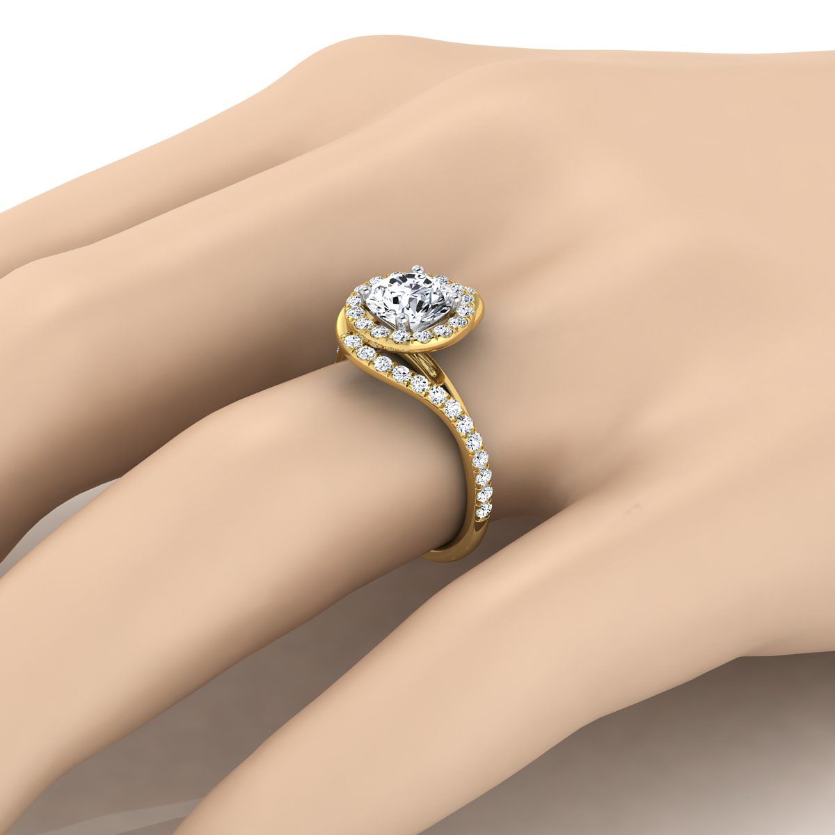 Round Brilliant, Swirl Twist Pavé Halo, in 18K Yellow Gold, pave setting – view 10 | RockHer