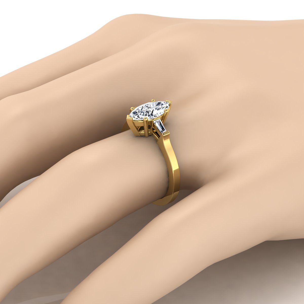 Tapered Baguette Three Stone Marquise, in 18K Yellow Gold, channel setting – detail view | RockHer