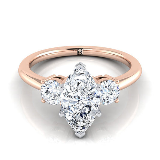14K Rose Gold Marquise Diamond Perfectly Matched Round Three Stone Diamond Engagement Ring -1/4ctw