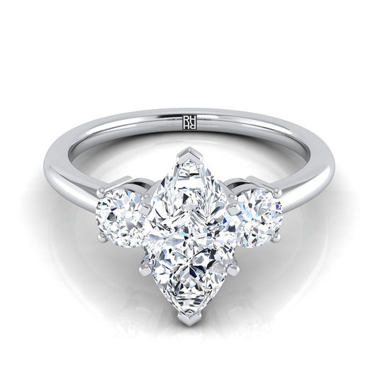 14K White Gold Marquise Diamond Perfectly Matched Round Three Stone Diamond Engagement Ring -1/4ctw