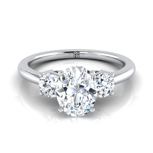 14K White Gold Oval Diamond Perfectly Matched Round Three Stone Diamond Engagement Ring -1/4ctw