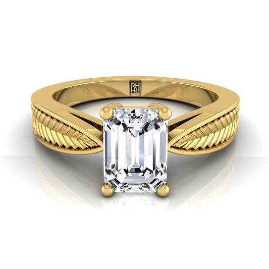 14K Yellow Gold Emerald Cut Vintage Inspired Leaf Pattern Pinched Solitaire Engagement Ring
