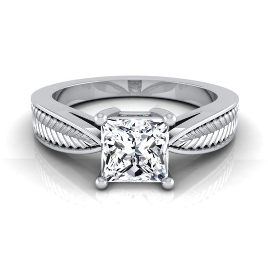 14K White Gold Princess Cut Vintage Inspired Leaf Pattern Pinched Solitaire Engagement Ring