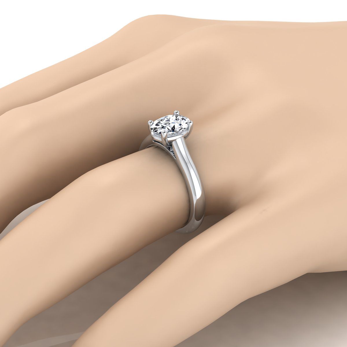 Platinum Oval Pinched Comfort Fit Claw Prong Solitaire Engagement Ring – detail view | RockHer