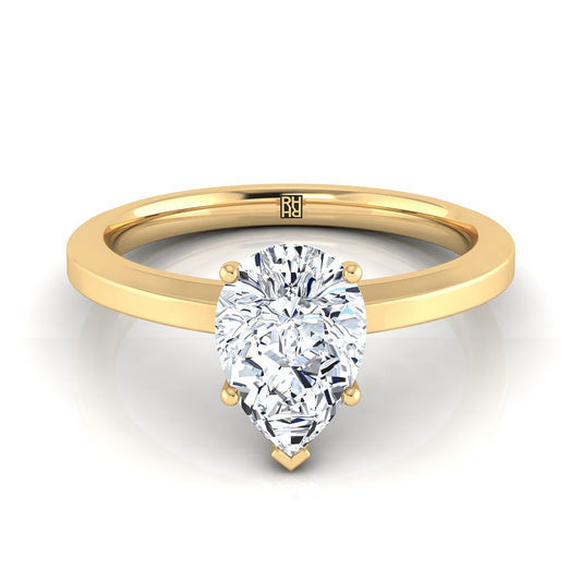 18K Yellow Gold Pear Shape Center Beveled Edge Comfort Style Bright Finish Solitaire Engagement Ring