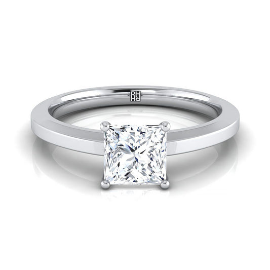 18K White Gold Princess Cut Beveled Edge Comfort Style Bright Finish Solitaire Engagement Ring