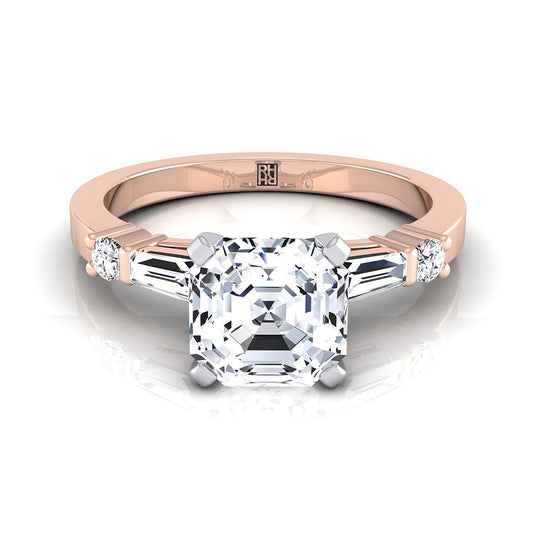 14K Rose Gold Asscher Cut Diamond Simple Baguette and Round Solitaire Engagement Ring -1/4ctw