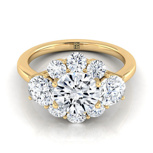 18K Yellow Gold Round Brilliant Modern Three Stone Blossom Diamond Engagement Ring -1-3/4ctw