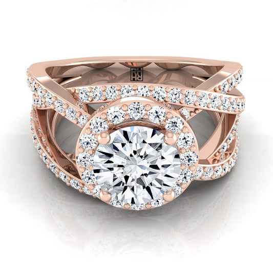 14K Rose Gold Round Brilliant Unique Open Intertwined Diamond Pave Row Engagement Ring -1ctw