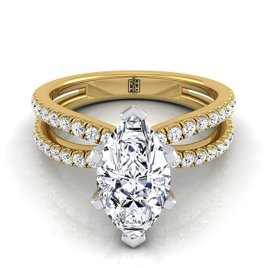 แหวนหมั้นทองคำเหลือง 18K รูปมาร์คีส์ ประดับเพชรสองแถวแบบปาเว่ พร้อมแยกชั้น - 1/3 กะรัตรวม