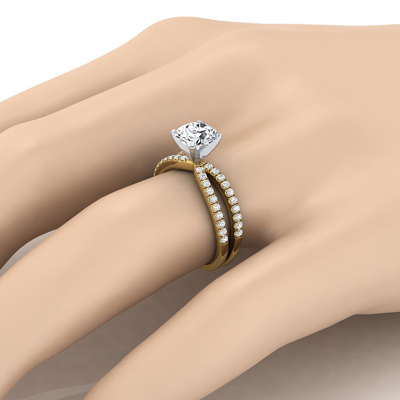 Round Brilliant, Two Row Pavé Split Shank, in 18K Yellow Gold – detail view | RockHer