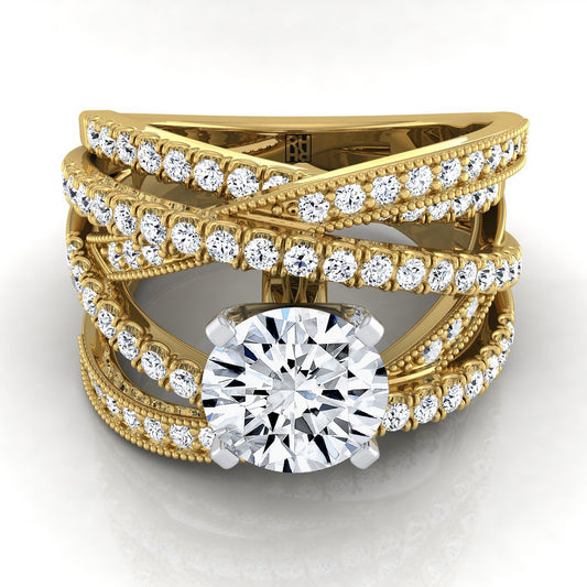 14K Yellow Gold Round Brilliant Customized Multi Diamond Row Diamond Engagement Ring -7/8ctw