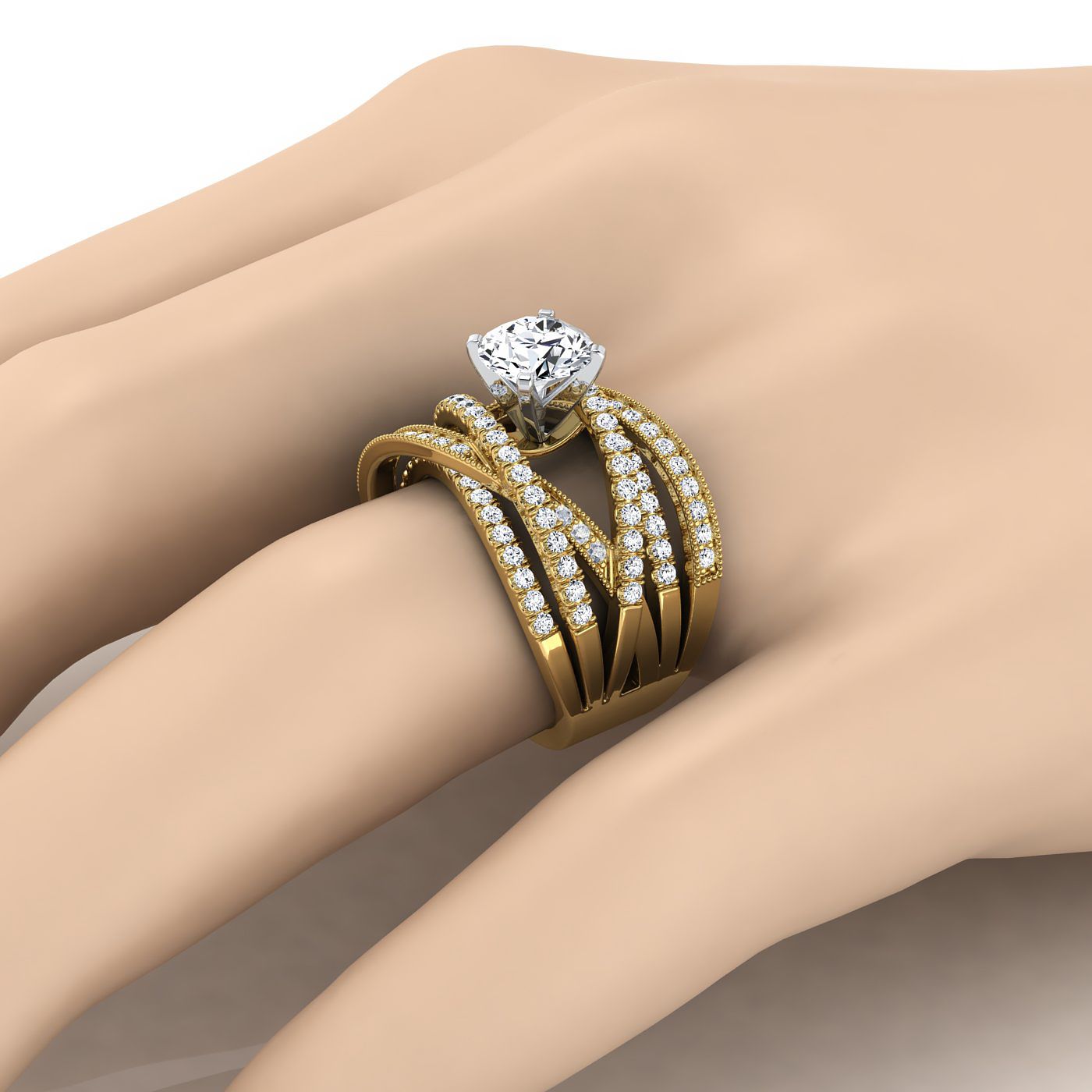 Round Brilliant, Multi-Layer Interweave Pavé, in 18K Yellow Gold – detail view | RockHer