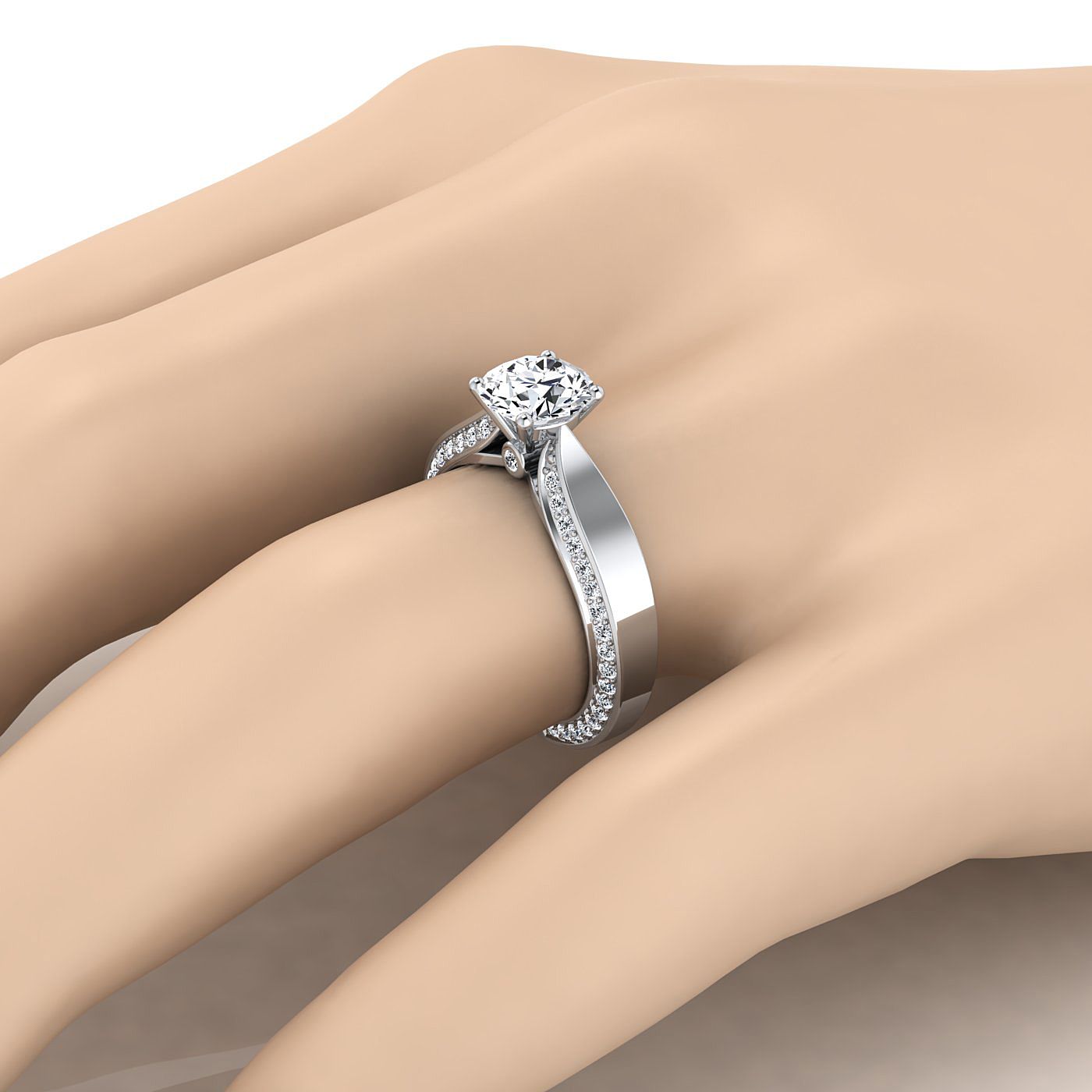 แหวนหมั้นทองคำขาว 14K ประดับเพชรทรงกลมเจียระไนแบบ Brilliant หนาแน่นแบบ Solitaire พร้อมฝังเพชรแบบ French Pave ด้านข้างลับ - 1/2ctw