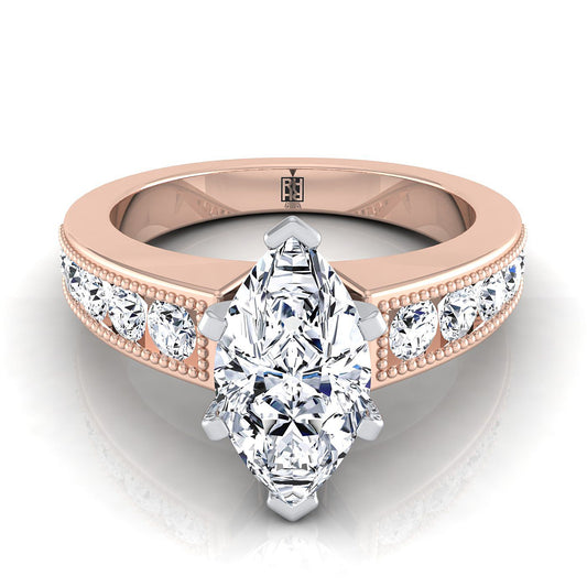 14K Rose Gold Marquise Diamond Antique Milgrain Bead and Channel Set Engagement Ring -1/2ctw