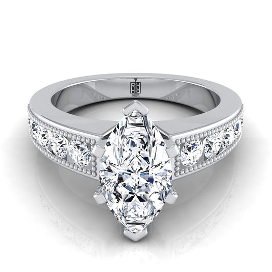 14K White Gold Marquise Diamond Antique Milgrain Bead and Channel Set Engagement Ring -1/2ctw