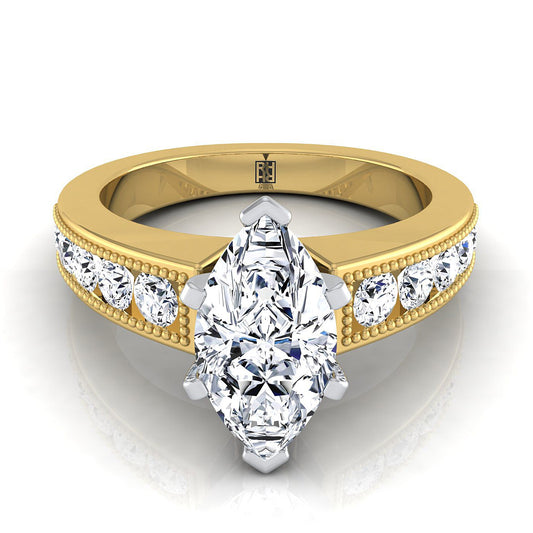 18K Yellow Gold Marquise Diamond Antique Milgrain Bead and Channel Set Engagement Ring -1/2ctw