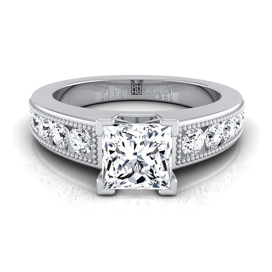 Platinum Princess Cut Diamond Antique Milgrain Bead and Channel Set Engagement Ring -1/2ctw