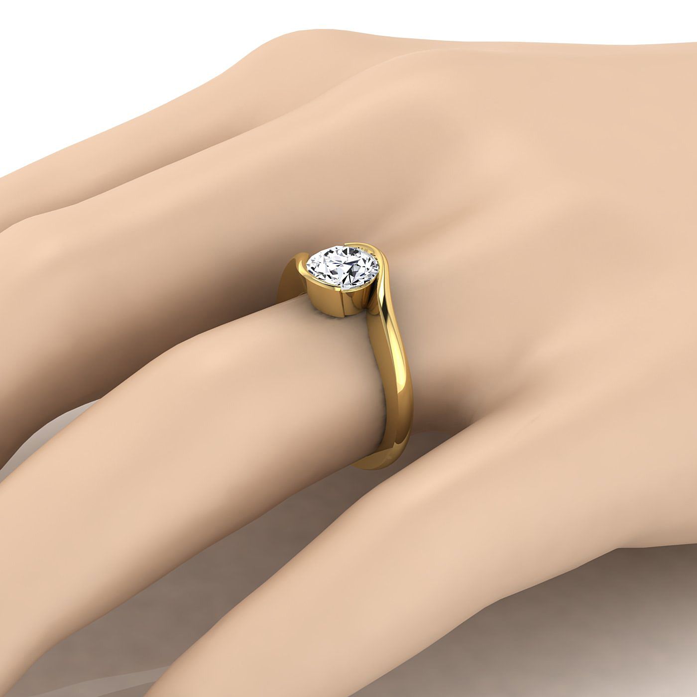 18K Yellow Gold Round Brilliant Half Bezel Twist Tension Set Solitaire Engagement Ring
