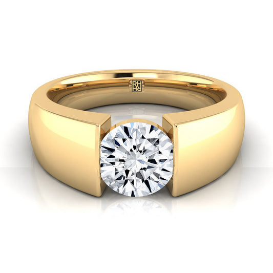14K Yellow Gold Round Brilliant Wide High Polish Band Tension Set Solitaire Engagement Ring