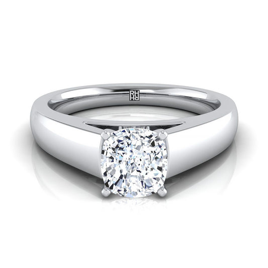 18K White Gold Cushion High Polished Signet Style Tapered Solitaire Engagement Ring