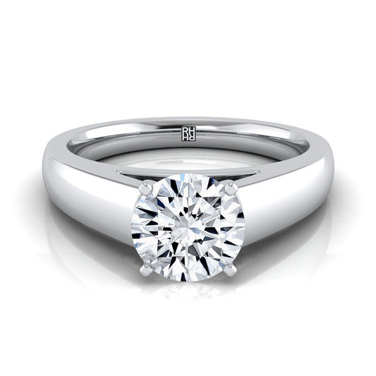 14K White Gold Round Brilliant High Polished Signet Style Tapered Solitaire Engagement Ring