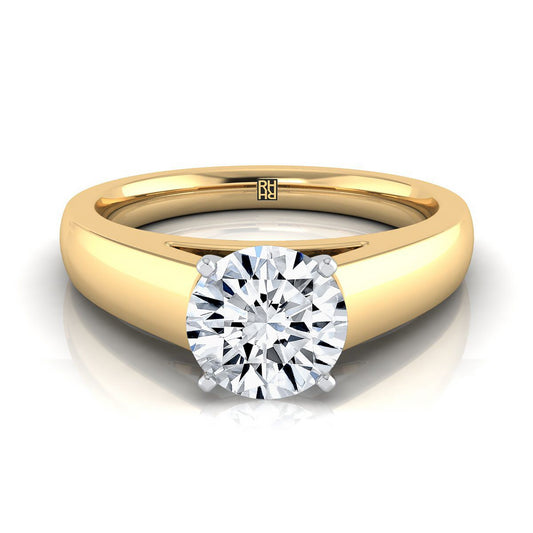 18K Yellow Gold Round Brilliant High Polished Signet Style Tapered Solitaire Engagement Ring