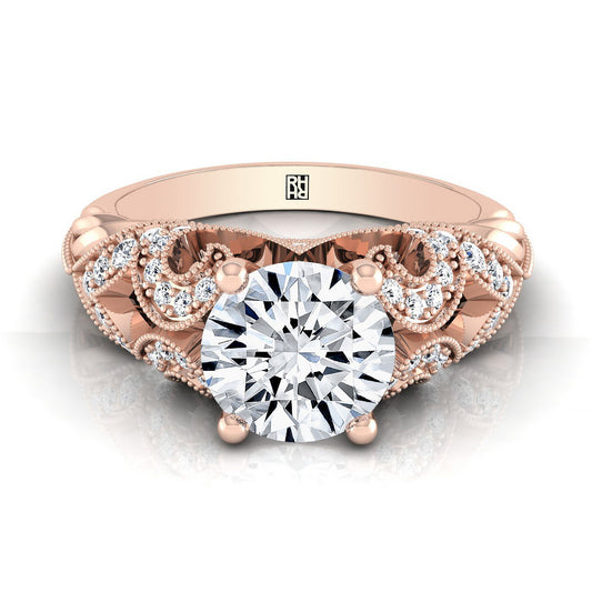 14K Rose Gold Round Brilliant Beautiful Open Scroll and Antique Bead Diamond Engagement Ring -1/3ctw