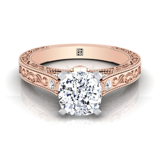 14K Rose Gold Cushion Delicate Diamond Accented Antique Hand Engraved Engagement Ring -1/10ctw