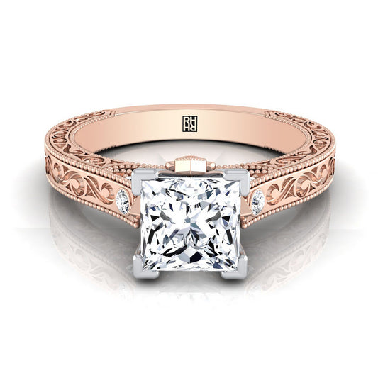 14K Rose Gold Princess Cut Delicate Diamond Accented Antique Hand Engraved Engagement Ring -1/10ctw