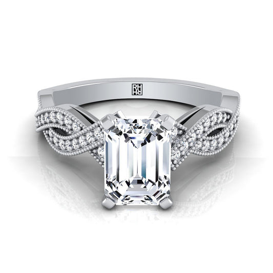 14K White Gold Emerald Cut Antique Twisted Open Beaded Diamond Halo Engagement Ring -1/5ctw