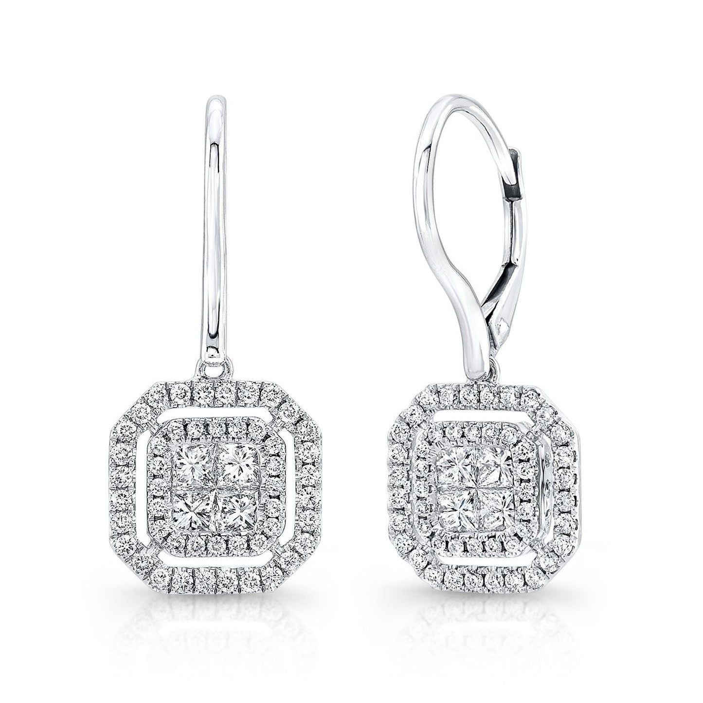 Diamond Invisible-set Princess Cut Halo Dangle Earrings With Pave Octagon Frame And Leverbacks, in 18K White Gold | RockHer