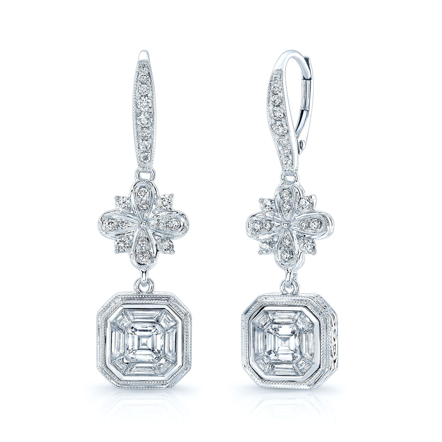 Asscher Cut Diamond Illusion Drop Earrings in 18K White Gold | RockHer