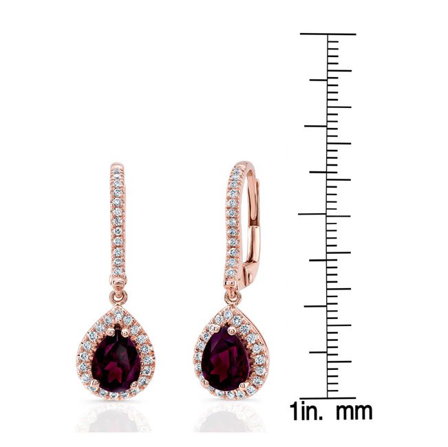 Rhodolite Garnet And Diamond Teardrop Halo Dangling Earrings in 14K Rose Gold – scale reference | RockHer
