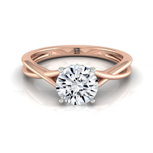 14kr Round Twisted Shank Hidden Halo Solitaire Engagement Ring With 16 Prong Set Round Diamonds